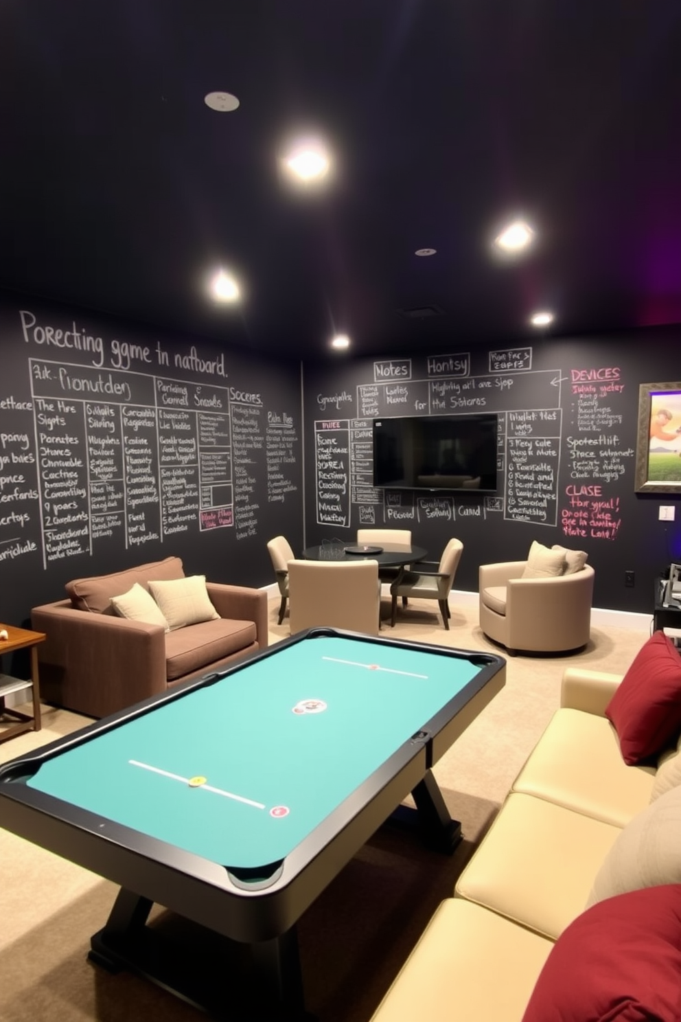 A basement game room featuring a chalkboard wall for notes and scores. The space is filled with comfortable seating, a large gaming table, and vibrant lighting to create an inviting atmosphere.