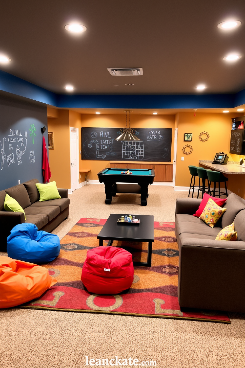 A vibrant basement game room designed for family enjoyment. The space features a large sectional sofa in a durable fabric, a colorful area rug, and a coffee table surrounded by playful bean bags for seating. The walls are adorned with cheerful artwork and a chalkboard for games and doodles. A pool table occupies the center of the room, complemented by a snack bar with high stools for family gatherings.