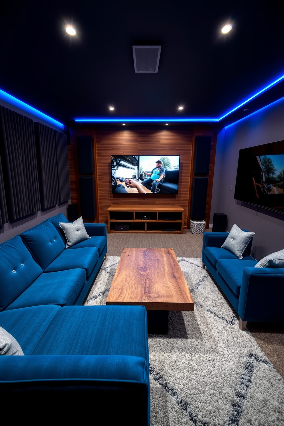 A stylish basement game room designed for both gaming and lounging. The space features a large sectional sofa in a deep blue fabric, complemented by a sleek coffee table made of reclaimed wood. In one corner, a state-of-the-art gaming setup includes a large flat-screen TV mounted on the wall, surrounded by soundproof panels for an immersive experience. Soft LED lighting creates an inviting atmosphere, while a plush area rug adds warmth and comfort underfoot.