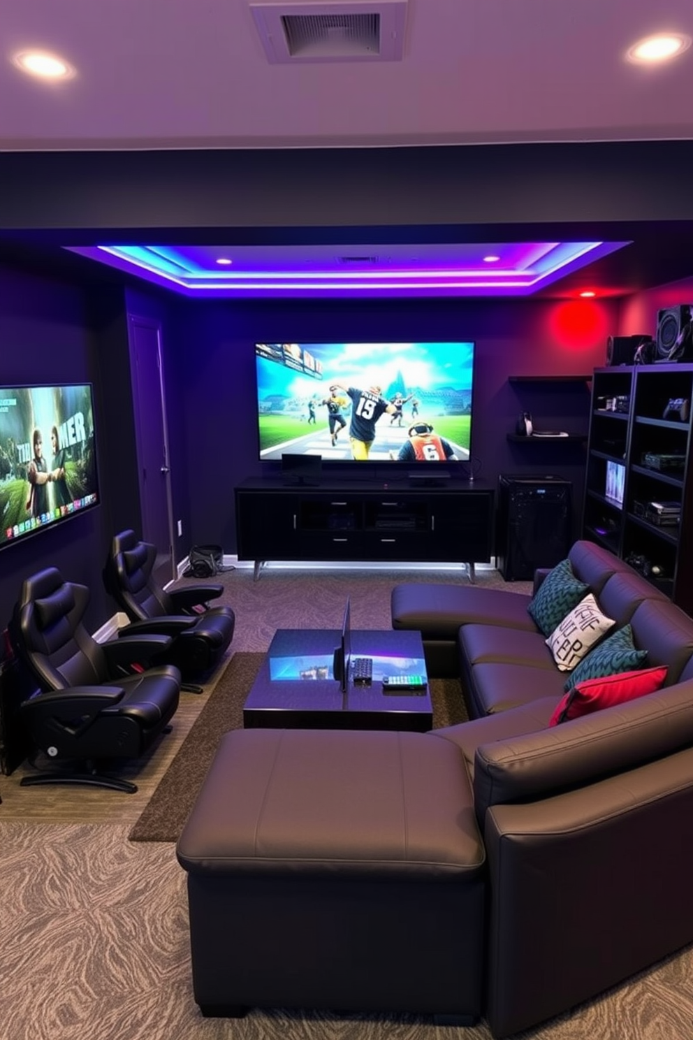 A modern basement game room featuring a portable gaming station with sleek design and ergonomic seating. The walls are painted in a dark gray, and colorful LED lights create an inviting atmosphere. A large sectional sofa is positioned around a central coffee table, perfect for multiplayer gaming. On one side, a wall-mounted screen displays the latest games, while shelves hold various gaming consoles and accessories.