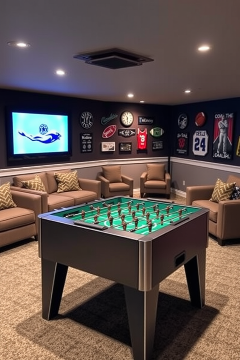 A vibrant basement game room features a sleek foosball table positioned centrally, surrounded by comfortable seating to encourage friendly competition. The walls are adorned with sports memorabilia, and ambient lighting creates an inviting atmosphere for game nights.