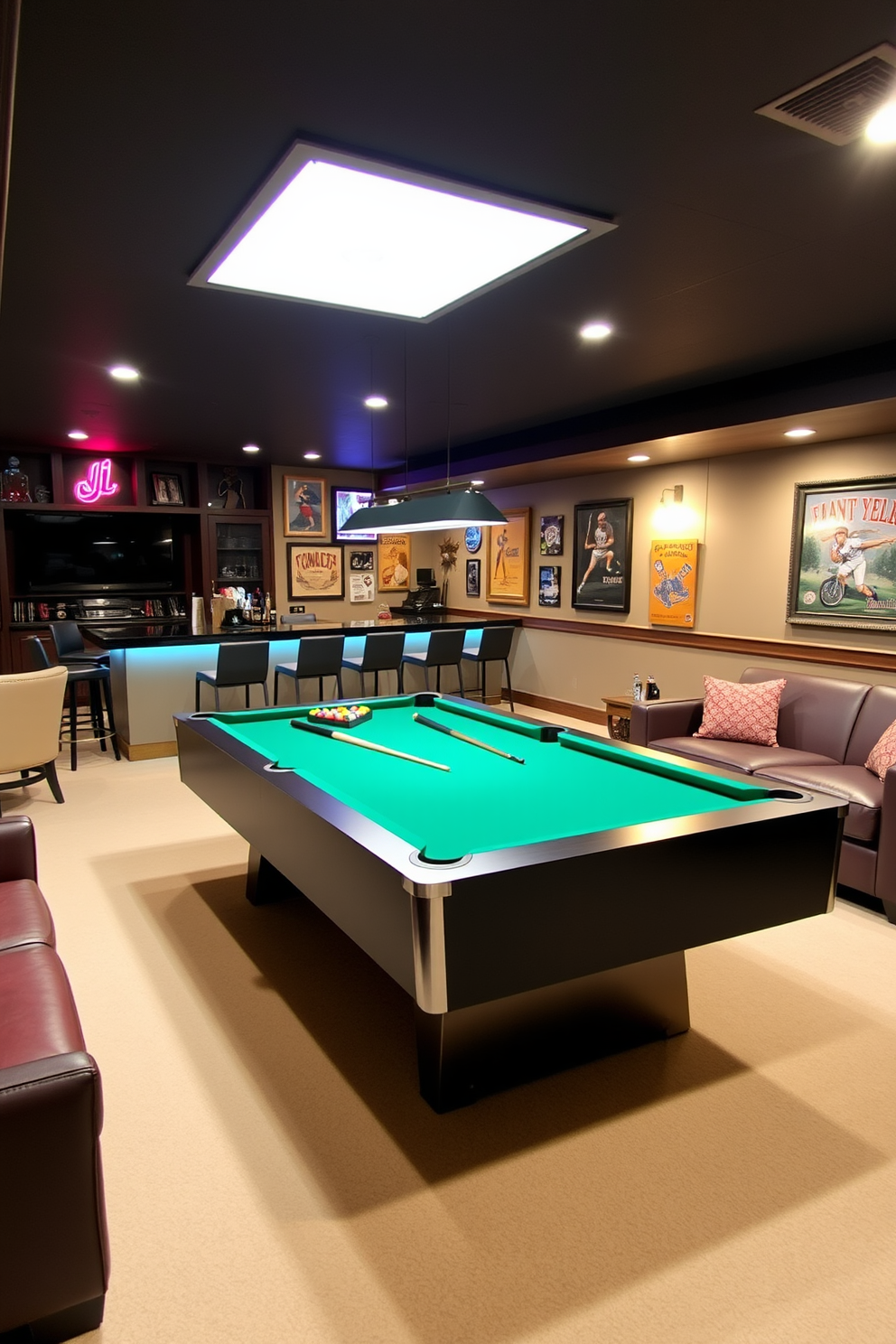 A spacious basement game room featuring a sleek pool table as the centerpiece. Surrounding the pool table are comfortable seating options and a stylish bar area with high stools. The walls are adorned with vibrant artwork and sports memorabilia, creating an energetic atmosphere. Soft lighting fixtures provide a warm glow, enhancing the inviting vibe of the space.