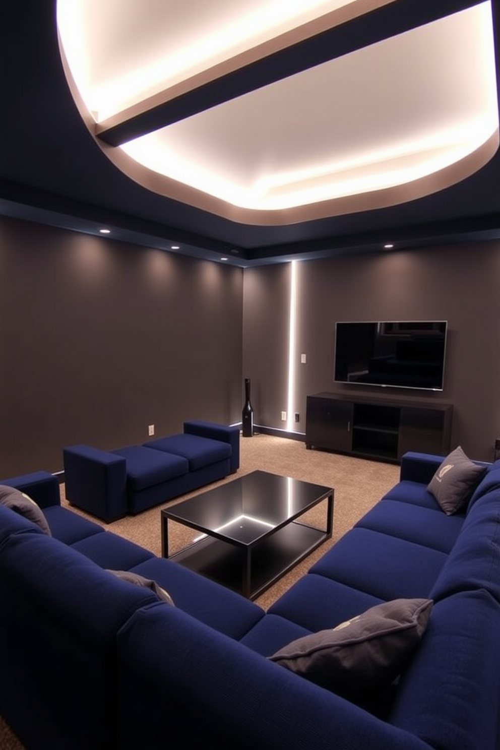 A cozy basement game room featuring mood lighting with LED strip lights that highlight the walls and ceiling. The space includes a large sectional sofa in a deep blue fabric, a sleek coffee table, and a wall-mounted flat-screen TV for gaming and movie nights.