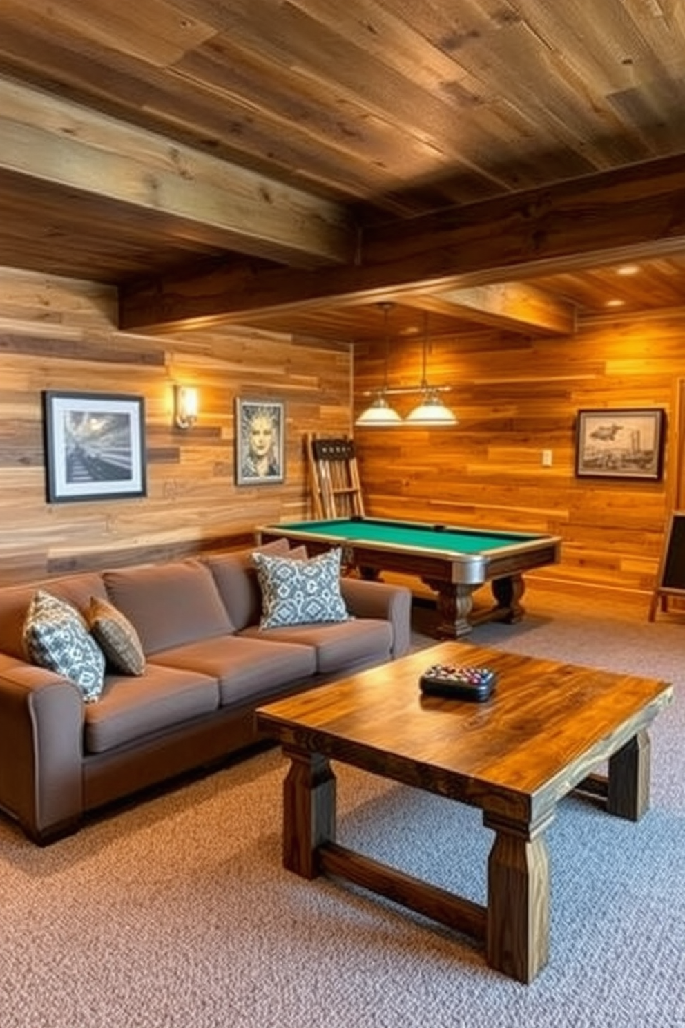 A cozy basement game room featuring rustic wood accents that create a warm and inviting atmosphere. The walls are adorned with reclaimed wood paneling, and a large wooden beam runs across the ceiling, adding character to the space. In the center, a plush sectional sofa is arranged around a reclaimed wood coffee table, perfect for gatherings. A vintage-style pool table sits in one corner, illuminated by warm pendant lights hanging from the ceiling.