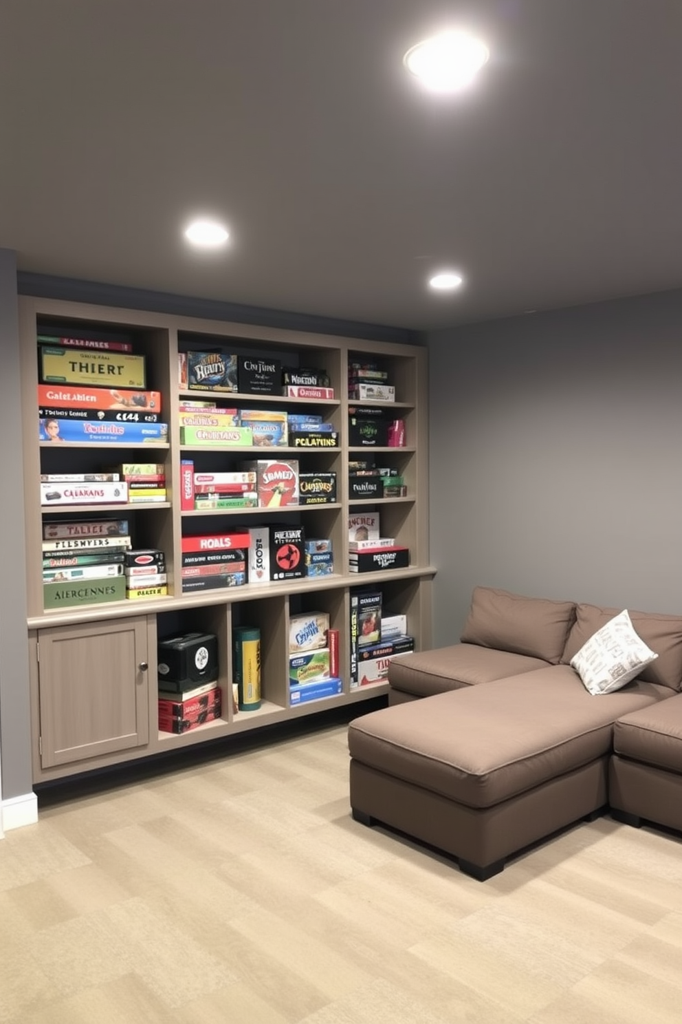 A cozy basement game room featuring a dedicated game wall with custom-built shelves filled with an array of board games. The walls are painted in a warm gray tone, and a large, comfortable sectional sofa is positioned nearby for relaxation and socializing.