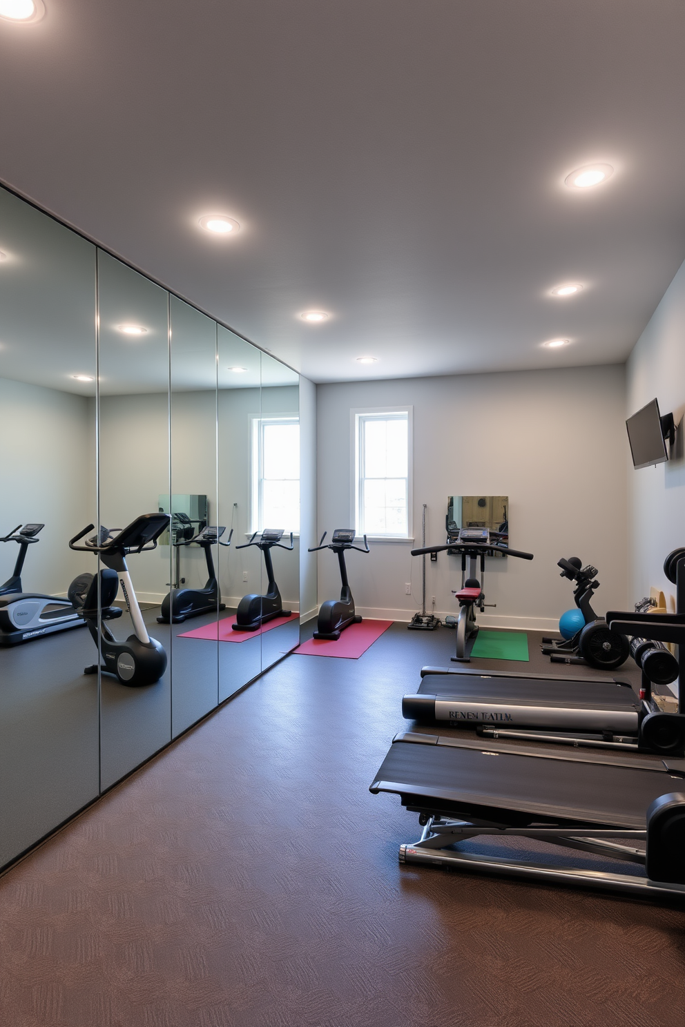 A modern basement gym featuring large mirrors on one wall to enhance the sense of space and reflect natural light. The gym includes a variety of equipment such as a treadmill, weights, and yoga mats, all set against a backdrop of soft gray walls and a durable rubber floor.