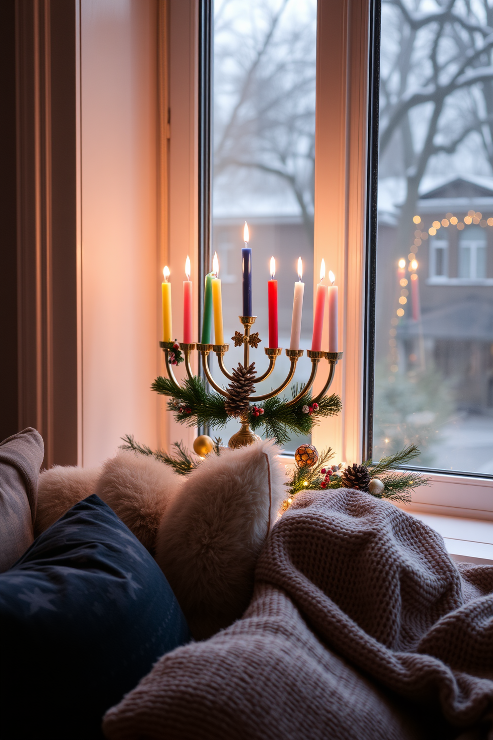 Cozy menorah display by the window. The menorah is adorned with colorful candles, surrounded by festive decorations that reflect the warmth of the holiday season. Soft, ambient lighting fills the space, creating a welcoming atmosphere. Plush cushions and a warm throw blanket are arranged nearby, inviting family gatherings and celebrations.