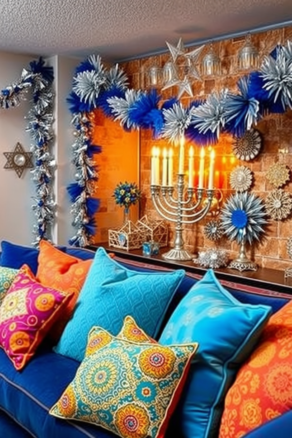 A vibrant seating area adorned with an array of brightly colored cushions in various patterns and textures. The cushions are arranged on a plush sofa, creating an inviting and cheerful atmosphere for relaxation and conversation. For a festive basement setting, incorporate Hanukkah decorations that celebrate the holiday's traditions. Use a mix of blue and silver accents, including a beautifully lit menorah, decorative dreidels, and festive garlands to enhance the festive spirit.