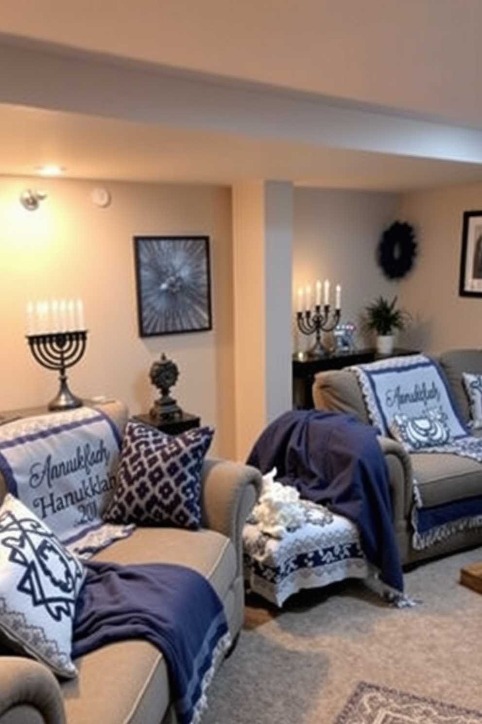 A cozy basement setting adorned with Hanukkah themed throw blankets draped elegantly over plush sofas. The space is illuminated by soft, warm lighting, creating an inviting atmosphere perfect for festive gatherings. Decorative elements include a beautifully arranged menorah on a side table and blue and silver accents scattered throughout the room. The walls are adorned with festive artwork, enhancing the Hanukkah spirit in this welcoming basement retreat.