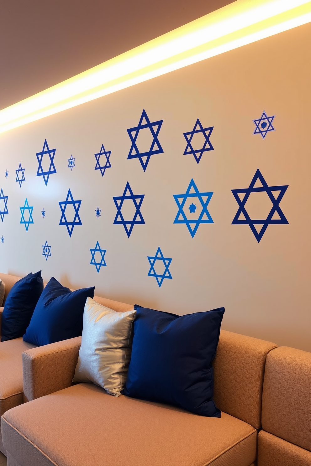 Artistic wall decals featuring the Star of David create a vibrant and festive atmosphere in the basement. The decals are arranged in a harmonious pattern, enhancing the overall decor with a touch of cultural significance. Soft, warm lighting illuminates the space, casting gentle shadows that accentuate the decals. Cozy seating areas are adorned with plush cushions in blue and silver tones, complementing the Hanukkah theme beautifully.