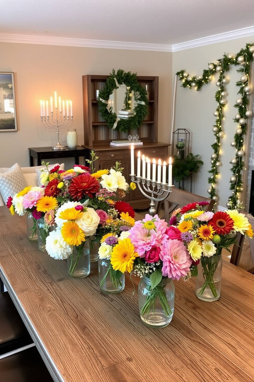 Charming centerpieces with seasonal flowers. A rustic wooden table is adorned with a variety of colorful blooms in glass vases, creating a vibrant focal point for gatherings. Basement Hanukkah decorating ideas. Soft blue and silver accents adorn the space, with a beautifully lit menorah on a side table and festive garlands draped along the walls.