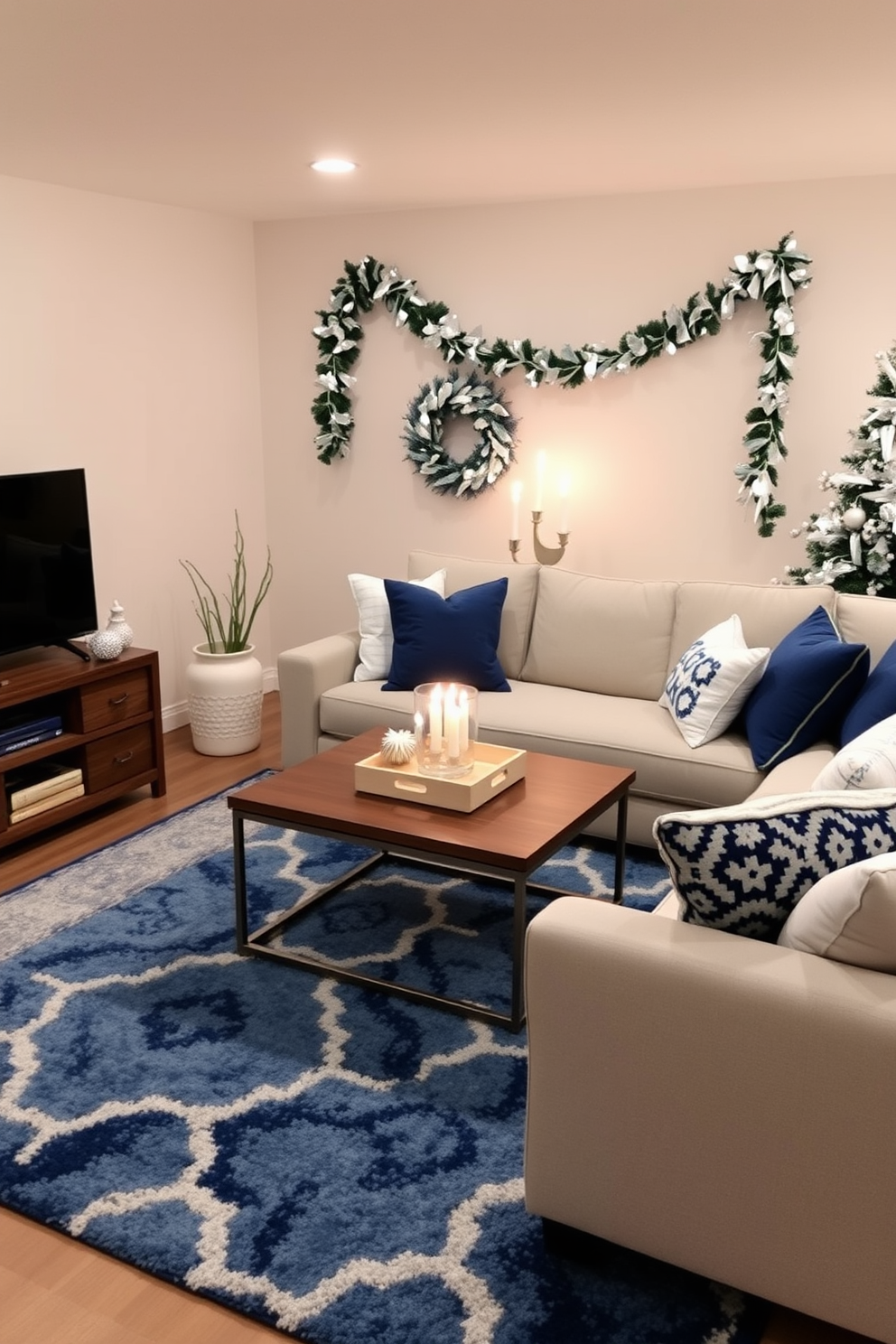 Layered rugs in blue and white hues create a cozy and inviting atmosphere in the living space. The combination of textures adds depth and warmth to the room, making it perfect for relaxation. For basement Hanukkah decorating ideas, incorporate traditional elements such as a beautifully lit menorah and festive garlands. Use blue and silver accents to enhance the holiday spirit and create a welcoming environment for gatherings.