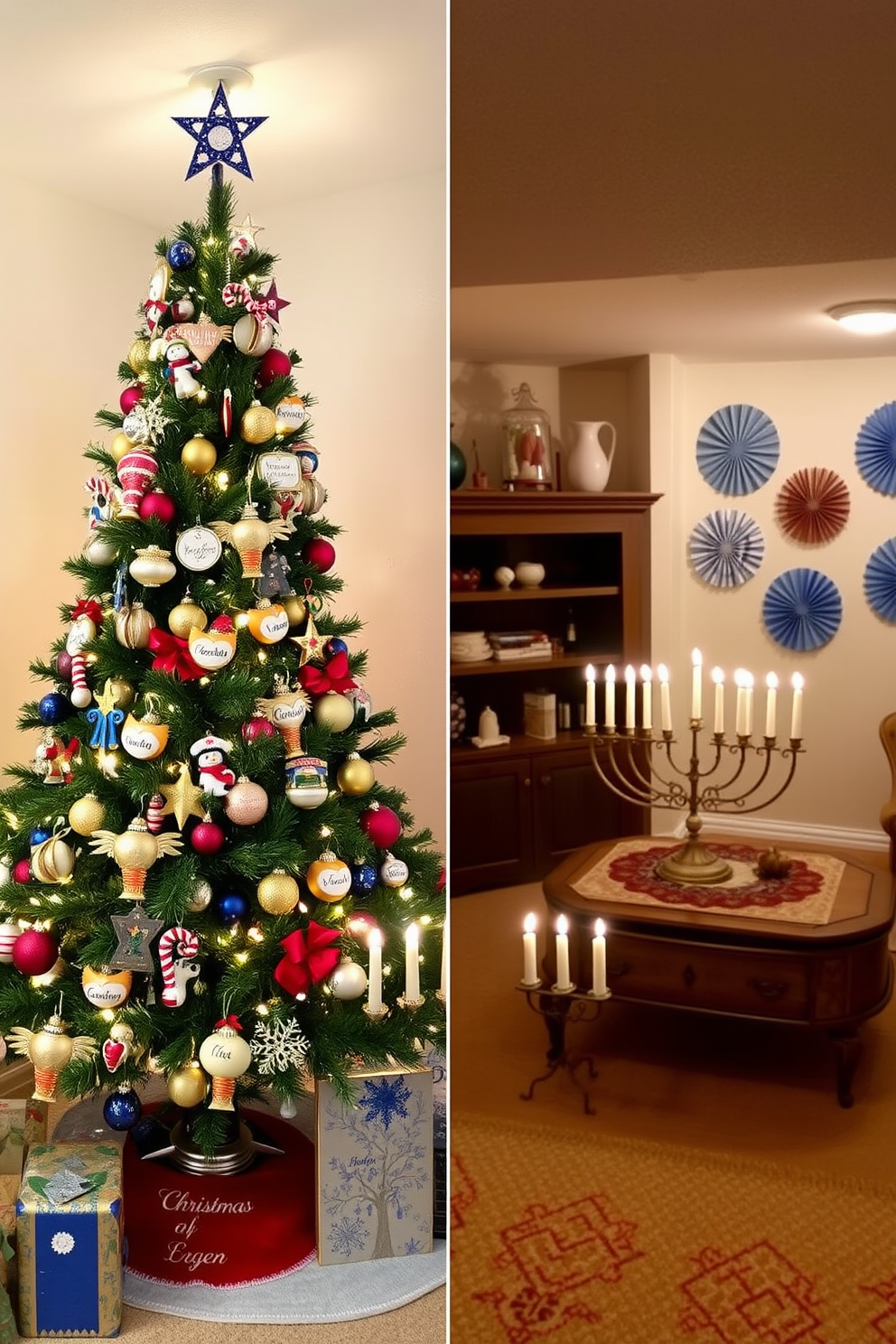 A beautifully decorated Christmas tree adorned with personalized holiday ornaments that reflect family memories and traditions. The ornaments are in various shapes and colors, adding a unique touch to the festive atmosphere. A cozy basement space transformed for Hanukkah celebrations featuring a beautifully arranged menorah on a decorative table. The walls are adorned with blue and white decorations, creating a warm and inviting environment for family gatherings.