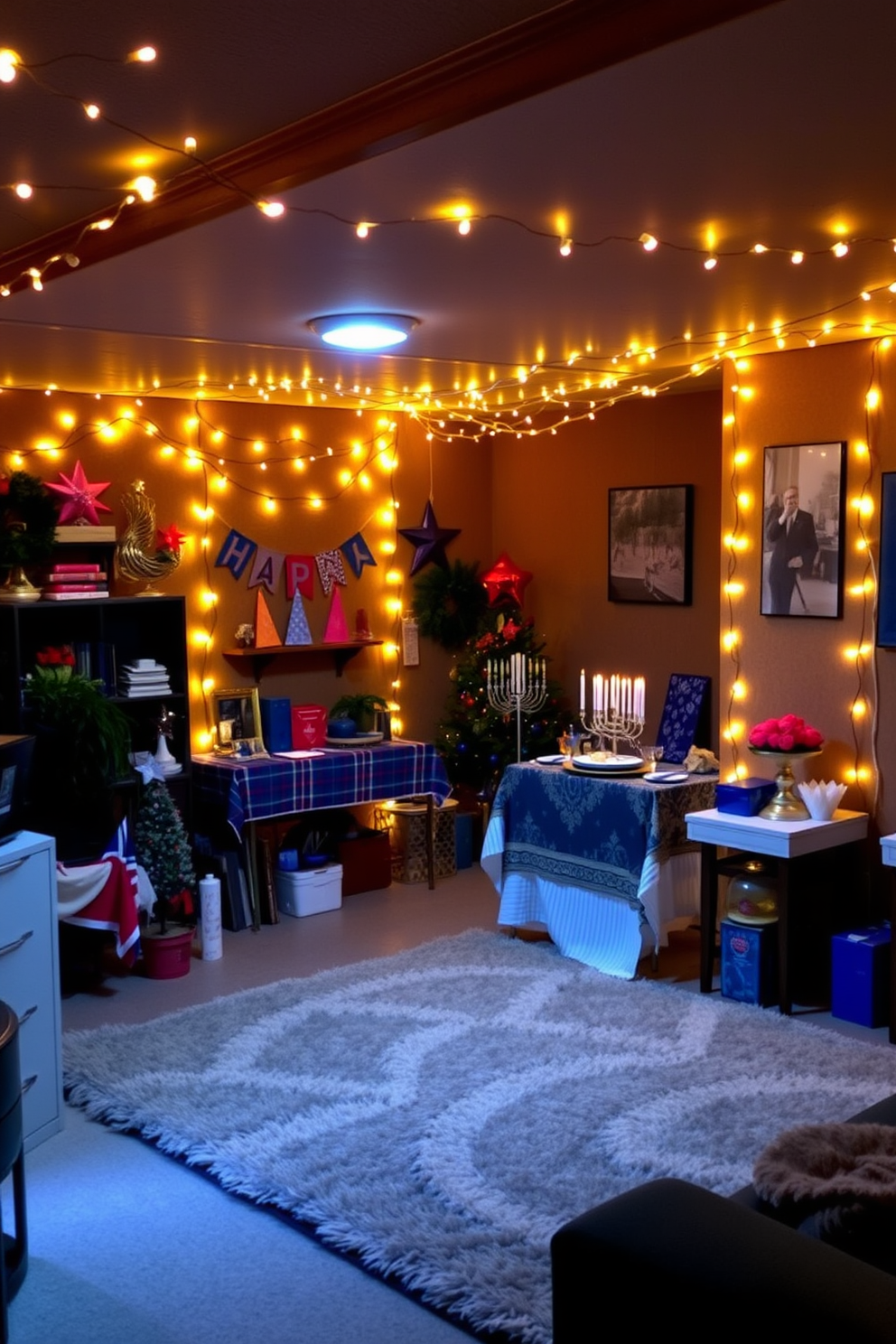 A cozy basement space adorned with twinkling fairy lights that create a warm and inviting atmosphere. The lights are draped along the walls and ceiling, casting a soft glow over the festive decorations. Colorful Hanukkah decorations are thoughtfully arranged throughout the room, including a beautifully set table with a menorah and traditional dishes. A plush area rug adds comfort underfoot, complementing the festive spirit of the celebration.