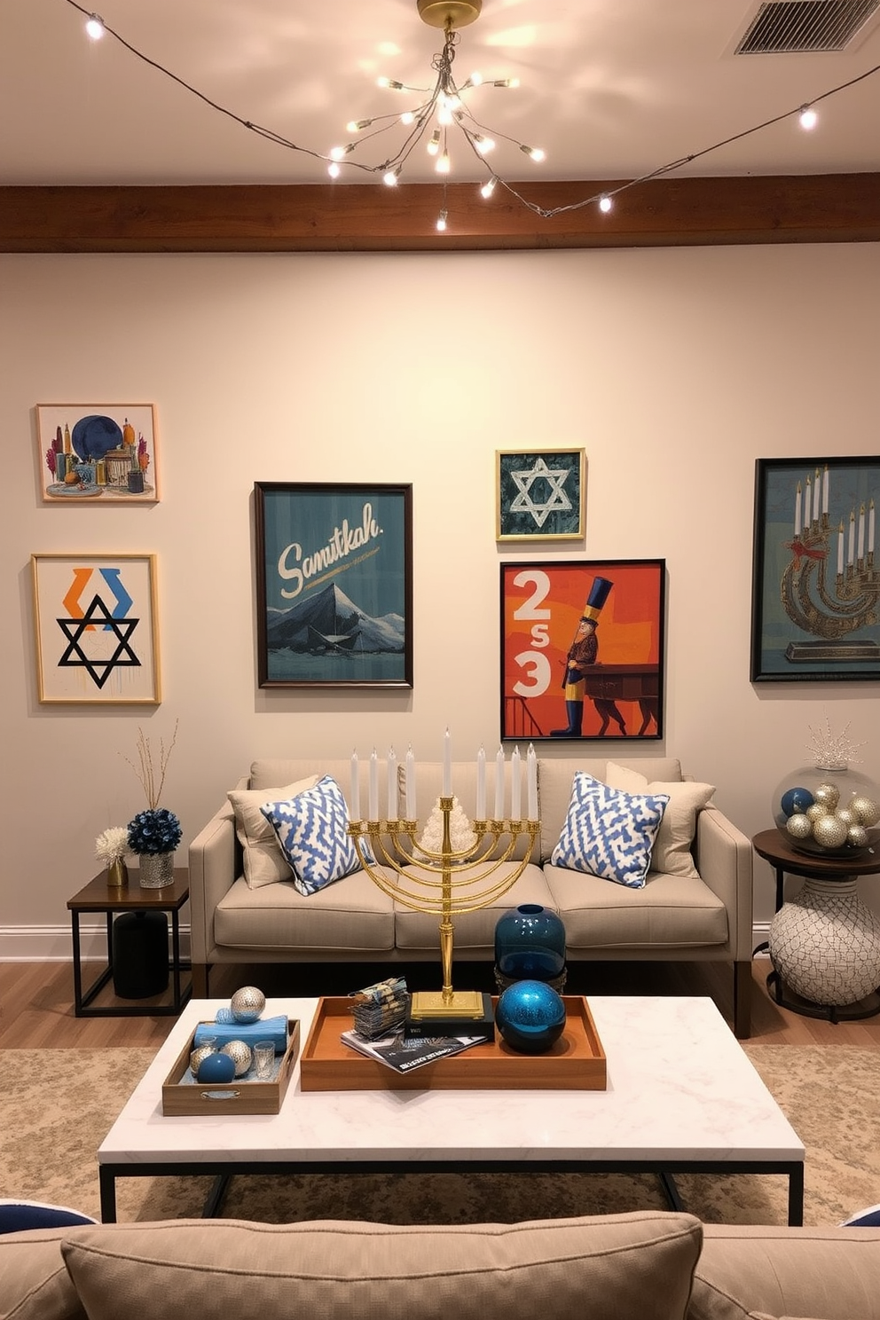 A cozy basement space adorned with contemporary art pieces that reflect Jewish themes. The walls are painted in soft neutrals, allowing the vibrant colors of the artwork to stand out, creating a warm and inviting atmosphere. Festive decorations for Hanukkah are tastefully arranged throughout the room. String lights twinkle above, while a beautifully crafted menorah takes center stage on a modern coffee table, surrounded by blue and silver accents.