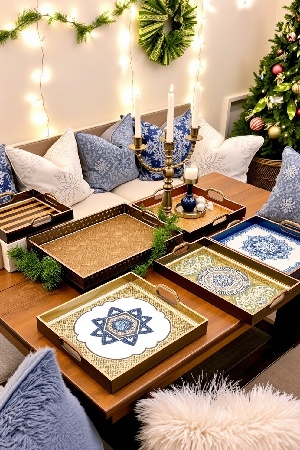 Stylish serving trays for holiday treats. A collection of elegant trays in varying sizes, featuring intricate designs and rich colors, arranged on a rustic wooden table adorned with festive decorations. Basement Hanukkah decorating ideas. Cozy seating areas with plush cushions in blue and white tones, illuminated by soft string lights, creating a warm and inviting atmosphere for family gatherings.