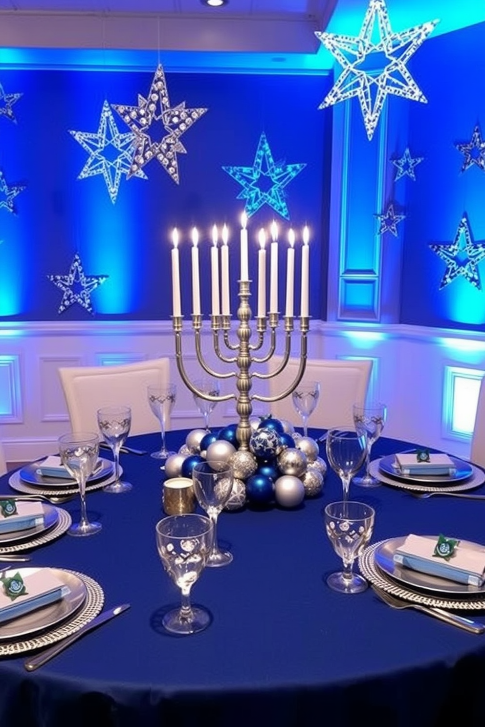 A stunning blue and silver themed table setting. The table is elegantly dressed with a deep blue tablecloth, accented by silver chargers and sparkling glassware. For the basement Hanukkah decorating ideas, the space is transformed with soft blue lighting and silver star decorations. A large menorah takes center stage on the table, surrounded by festive blue and silver ornaments.