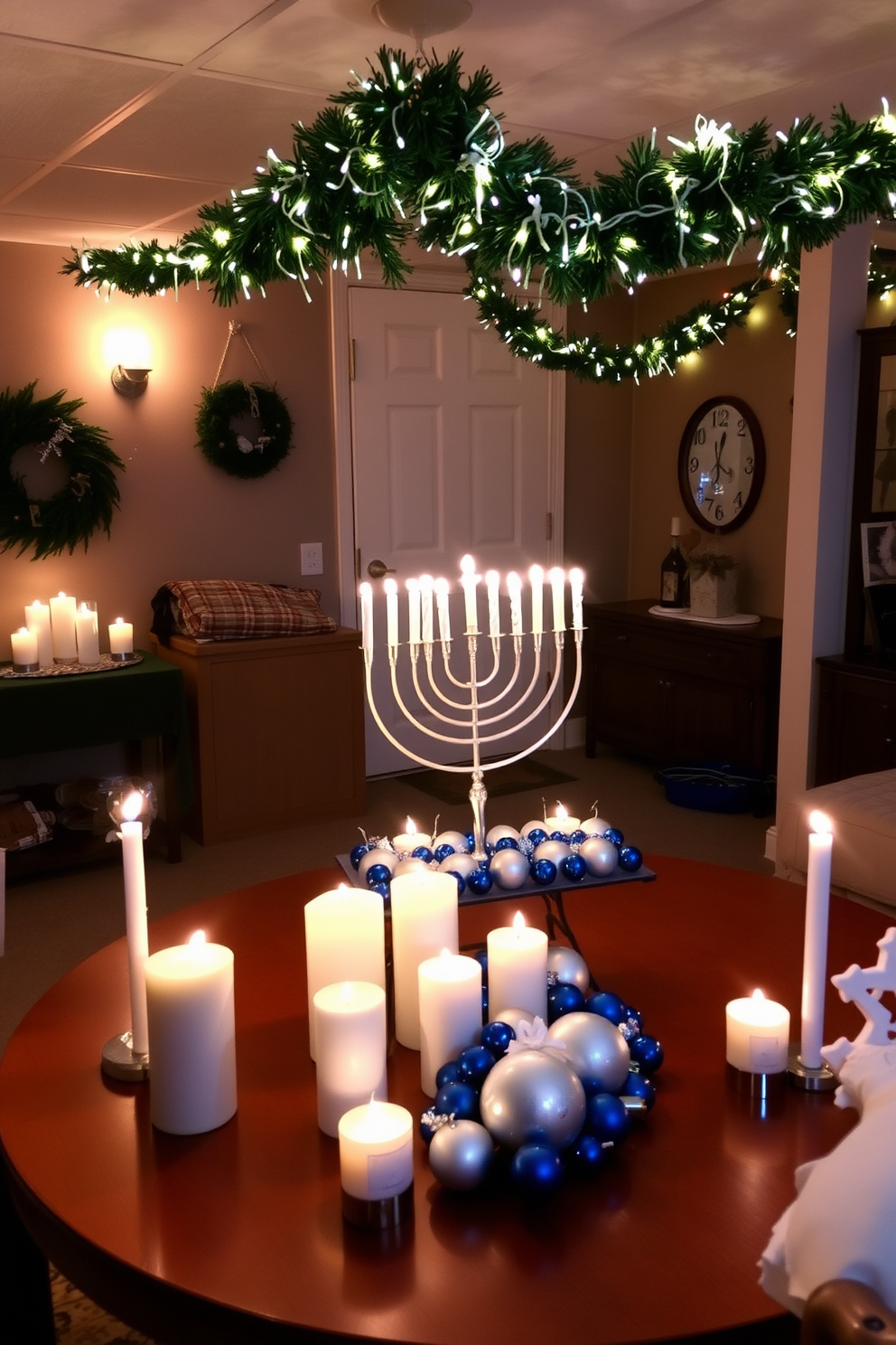 A cozy basement space adorned for Hanukkah celebrations. The room features a soft glow from scented candles placed on various surfaces, creating a warm and inviting ambiance. Decorative elements include a beautifully arranged menorah on a wooden table, surrounded by blue and silver ornaments. Festive garlands and string lights hang from the ceiling, adding a cheerful touch to the space.