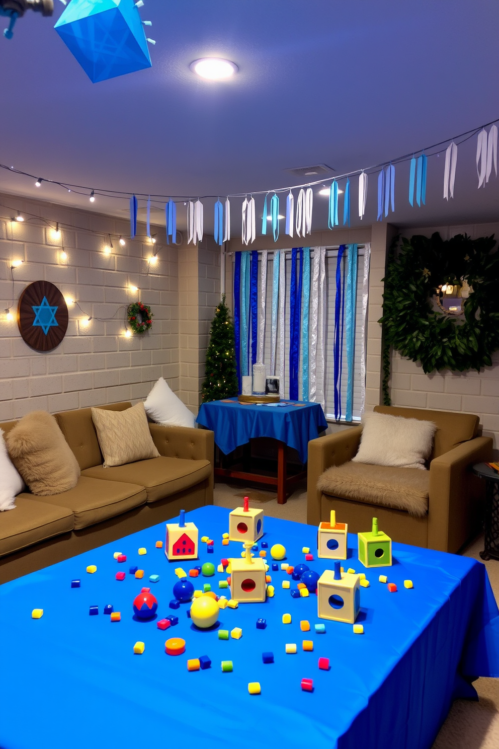 A festive basement setting designed for a Hanukkah celebration. The space features an interactive dreidel game setup for guests, with colorful dreidels scattered across a vibrant blue tablecloth. The walls are adorned with festive decorations, including string lights and handmade paper chains in blue and white. Cozy seating areas with plush cushions invite guests to relax and enjoy the holiday spirit.