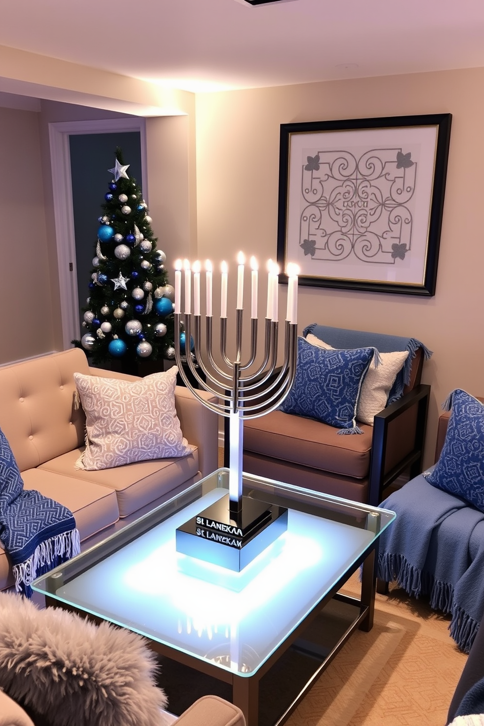 A modern menorah stands prominently on a sleek glass table, illuminated by soft ambient lighting that creates a warm atmosphere. Surrounding the menorah, festive decorations in blue and silver hues accentuate the space, while plush seating invites family gatherings during the Hanukkah celebration. The walls are adorned with tasteful holiday artwork, featuring traditional symbols reimagined in a contemporary style. Cozy throw blankets and pillows in complementary colors enhance the comfort of the basement, making it a perfect setting for festive gatherings.