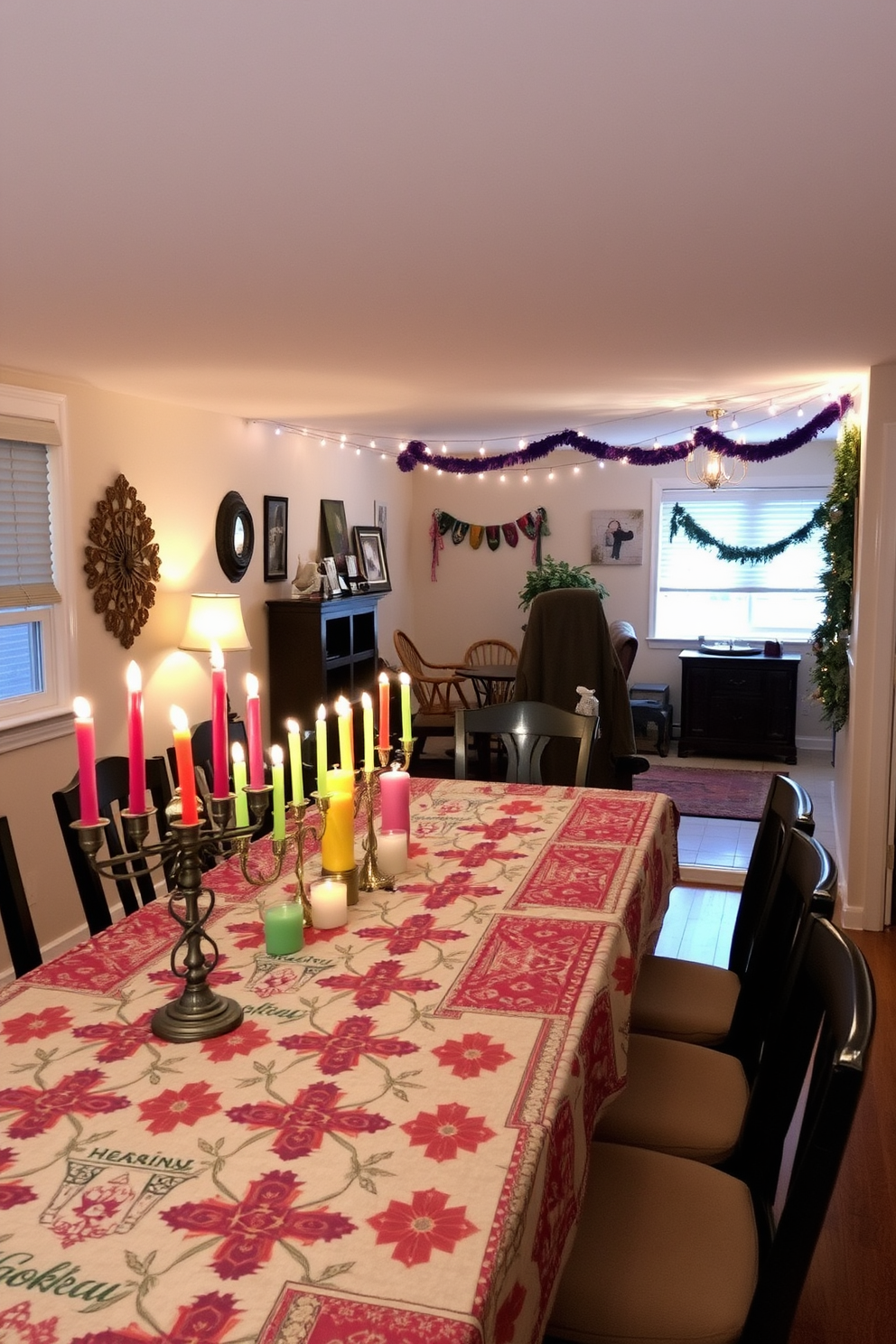 A festive tablecloth with traditional patterns adorns a long dining table, creating a warm and inviting atmosphere. Surrounding the table, colorful candles and decorative menorahs add a touch of elegance and celebration to the space. The basement is transformed into a cozy gathering area, featuring string lights that illuminate the room with a soft glow. Festive decorations, including dreidels and garlands, enhance the Hanukkah spirit, making it a perfect spot for family and friends to come together.