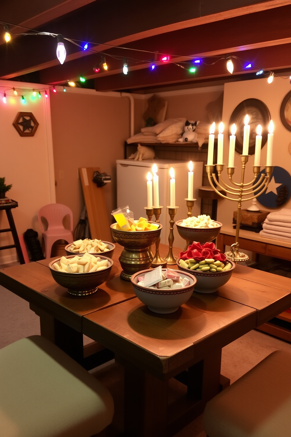 Decorative bowls filled with gelt and treats are arranged on a rustic wooden table, creating a festive centerpiece for the Hanukkah celebration. Soft, warm lighting illuminates the space, enhancing the cozy atmosphere of the basement. Colorful string lights hang from the ceiling, casting a gentle glow over the room. Traditional menorah is placed nearby, surrounded by festive decorations that reflect the spirit of the holiday.