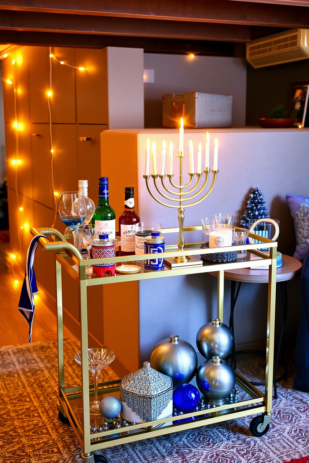 Chic bar cart for holiday drinks. The cart features a sleek gold frame with a glass top, adorned with an array of festive glassware and a selection of colorful spirits. Basement Hanukkah decorating ideas. The space is illuminated with warm string lights, showcasing a beautifully arranged menorah on a side table surrounded by blue and silver decorations.