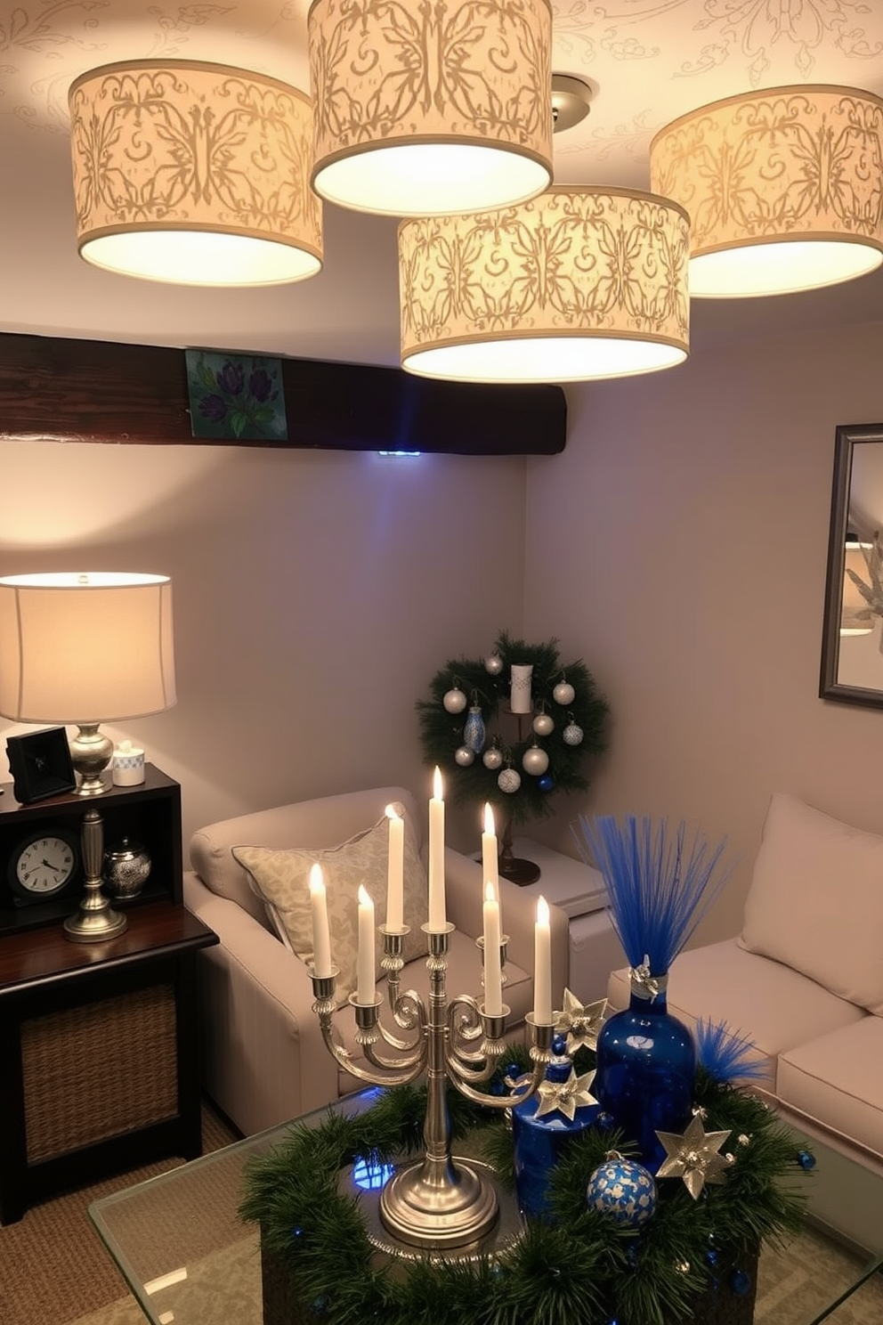 A cozy basement space adorned with soft lighting from decorative lampshades that create a warm and inviting atmosphere. Festive Hanukkah decorations, including a beautifully arranged menorah and blue and silver accents, enhance the seasonal charm of the room.