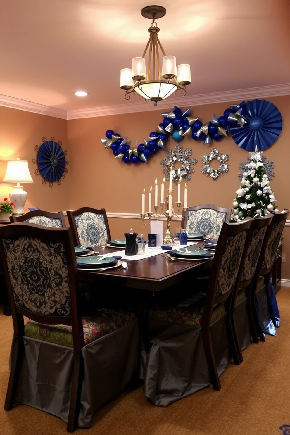 Elegant dining chairs are adorned with festive covers that showcase intricate patterns and vibrant colors. The setting is enhanced by warm ambient lighting, creating a cozy atmosphere perfect for holiday gatherings. The basement is transformed into a festive space with decorations that reflect the spirit of Hanukkah. Blue and silver accents, including menorahs and dreidels, are strategically placed to bring joy and celebration to the room.