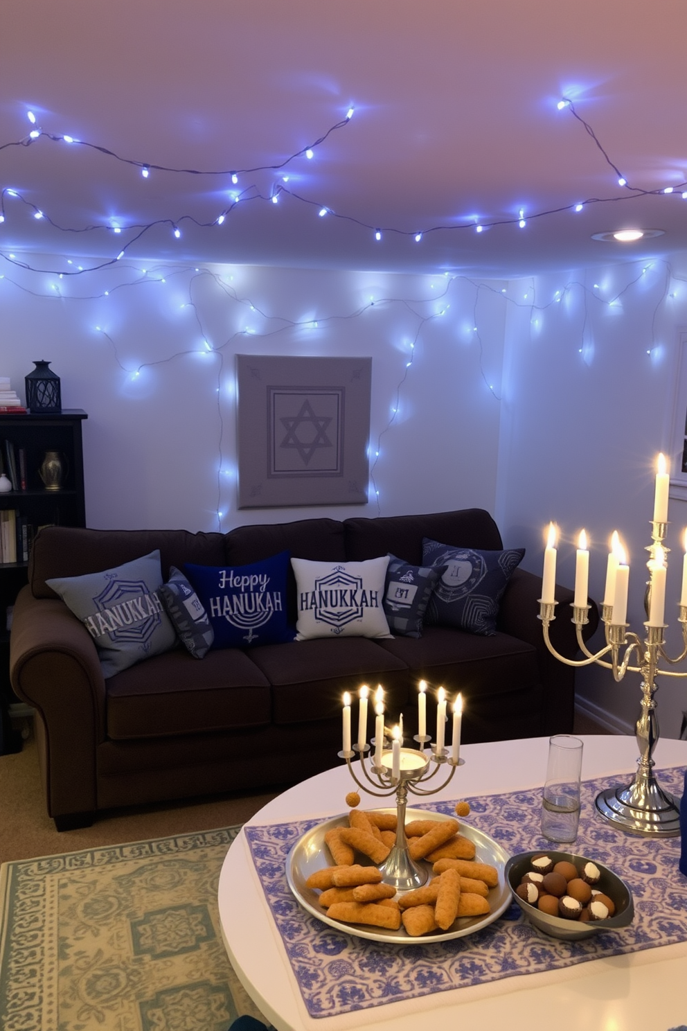 A cozy basement living area decorated for Hanukkah. The couch is adorned with vibrant Hanukkah themed pillows featuring menorahs and dreidels. Soft blue and silver string lights are draped across the ceiling, creating a warm ambiance. A festive table is set nearby, showcasing a beautiful menorah and traditional treats.