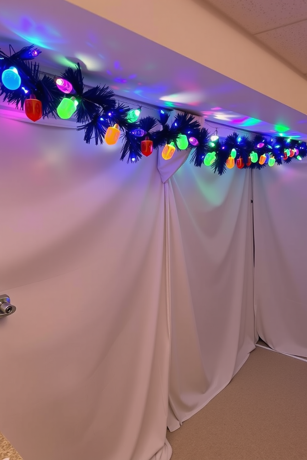 A festive basement setting adorned with a vibrant garland featuring colorful dreidels and twinkling lights. The walls are draped in soft fabric, creating a warm and inviting atmosphere perfect for Hanukkah celebrations.