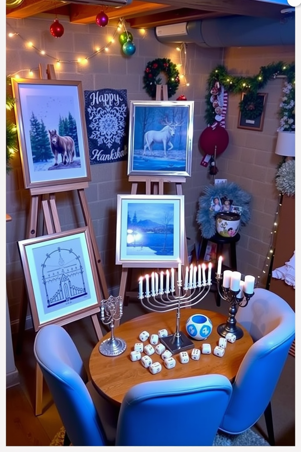 Seasonal artwork displayed on easels in a cozy basement setting. The walls are adorned with festive decorations, including string lights and colorful ornaments, creating a warm and inviting atmosphere. For Hanukkah, a beautifully arranged display features a menorah on a wooden table surrounded by dreidels and gelt. Soft blue and silver accents complement the decor, enhancing the celebratory spirit of the space.