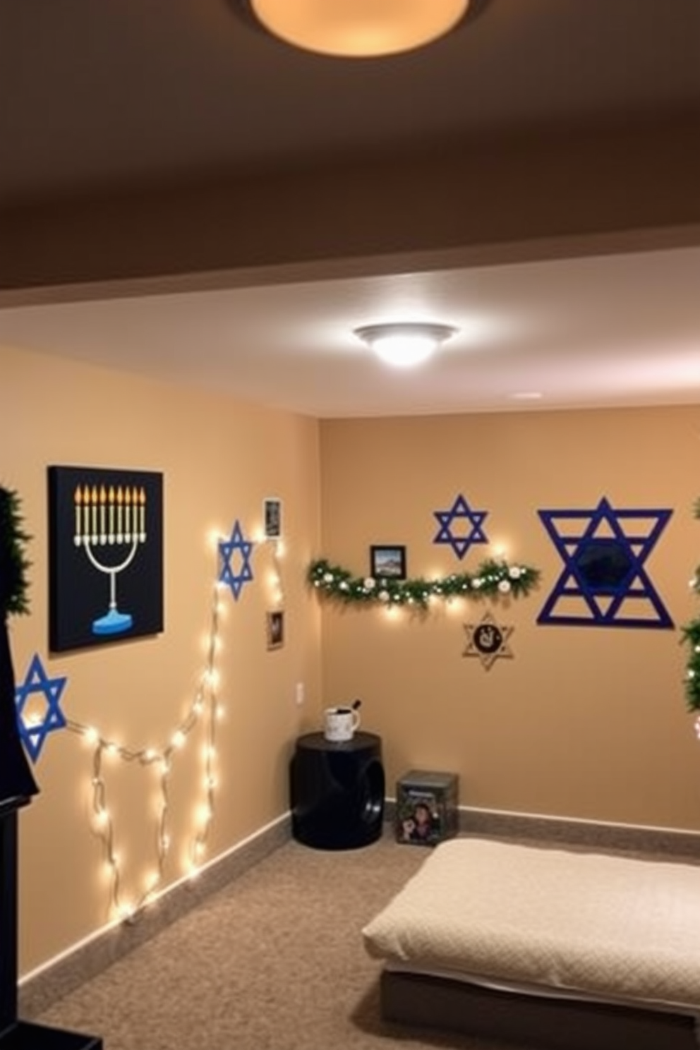 A cozy basement space adorned with wall art featuring Hanukkah symbols. The walls are painted in a warm beige tone, and the art includes vibrant depictions of menorahs, dreidels, and Star of David motifs. Soft lighting illuminates the area, creating a welcoming atmosphere for family gatherings. Festive decorations such as string lights and garlands enhance the Hanukkah spirit throughout the basement.