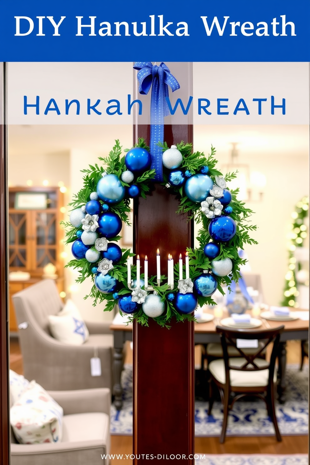 A beautiful DIY Hanukkah wreath for the door made of fresh greens and blue ornaments. The wreath features silver and white accents, creating a festive and welcoming look. The basement is transformed into a cozy Hanukkah celebration space with string lights and blue and white decorations. A large menorah is placed on a table surrounded by comfortable seating and festive table settings.