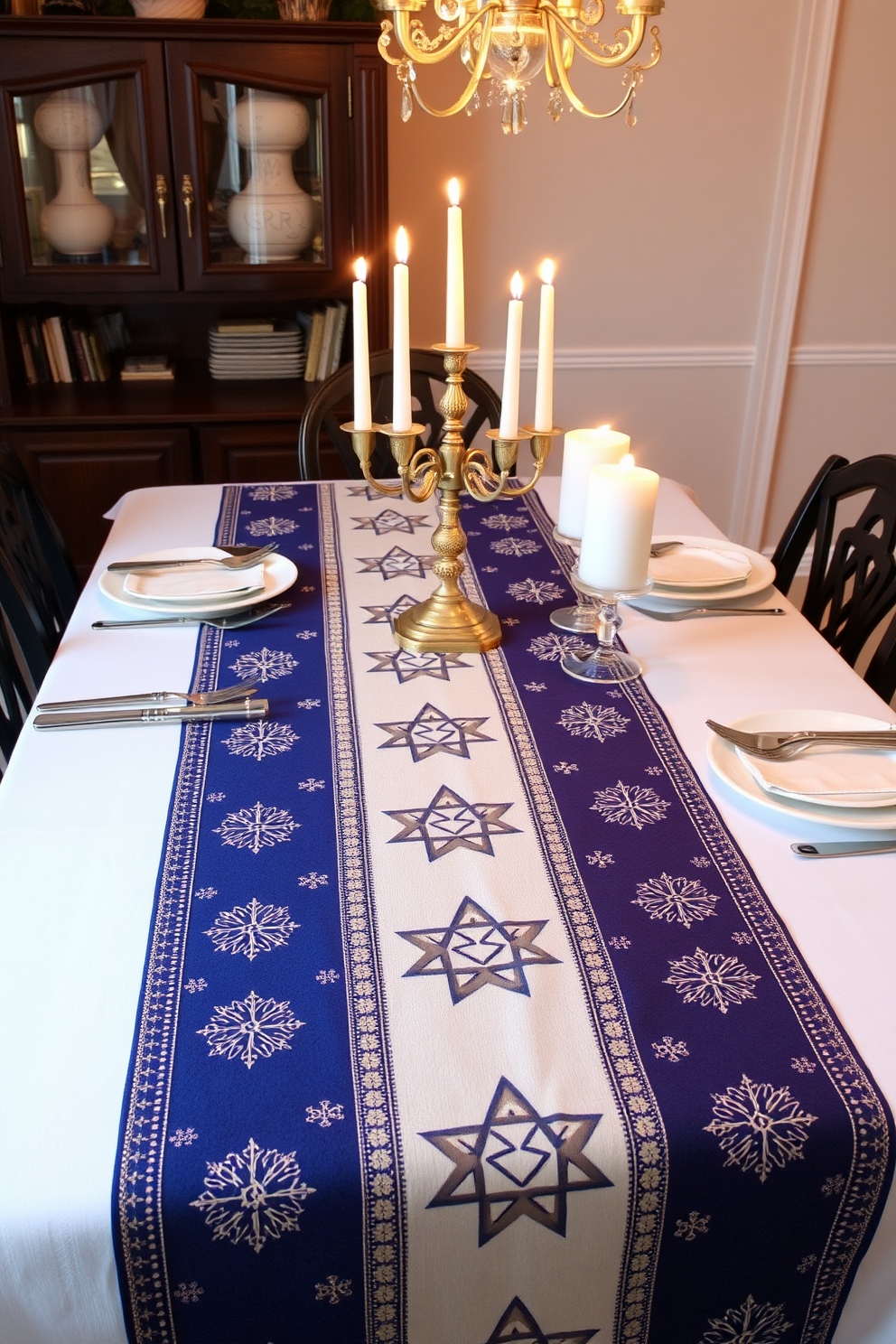 An elegant table runner adorned with intricate star motifs stretches across a beautifully set dining table. The runner complements a festive arrangement of candles and traditional menorah, creating a warm and inviting atmosphere for Hanukkah celebrations in the basement.