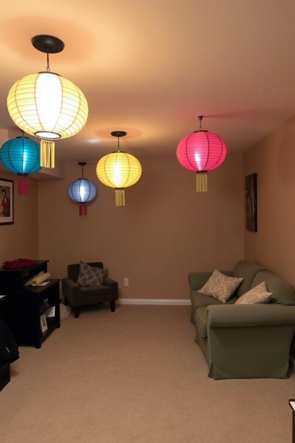 Create a cozy basement space adorned with colorful paper lanterns hanging from the ceiling. The walls are painted in a warm beige tone, and the floor is covered with a soft, plush carpet to enhance comfort.