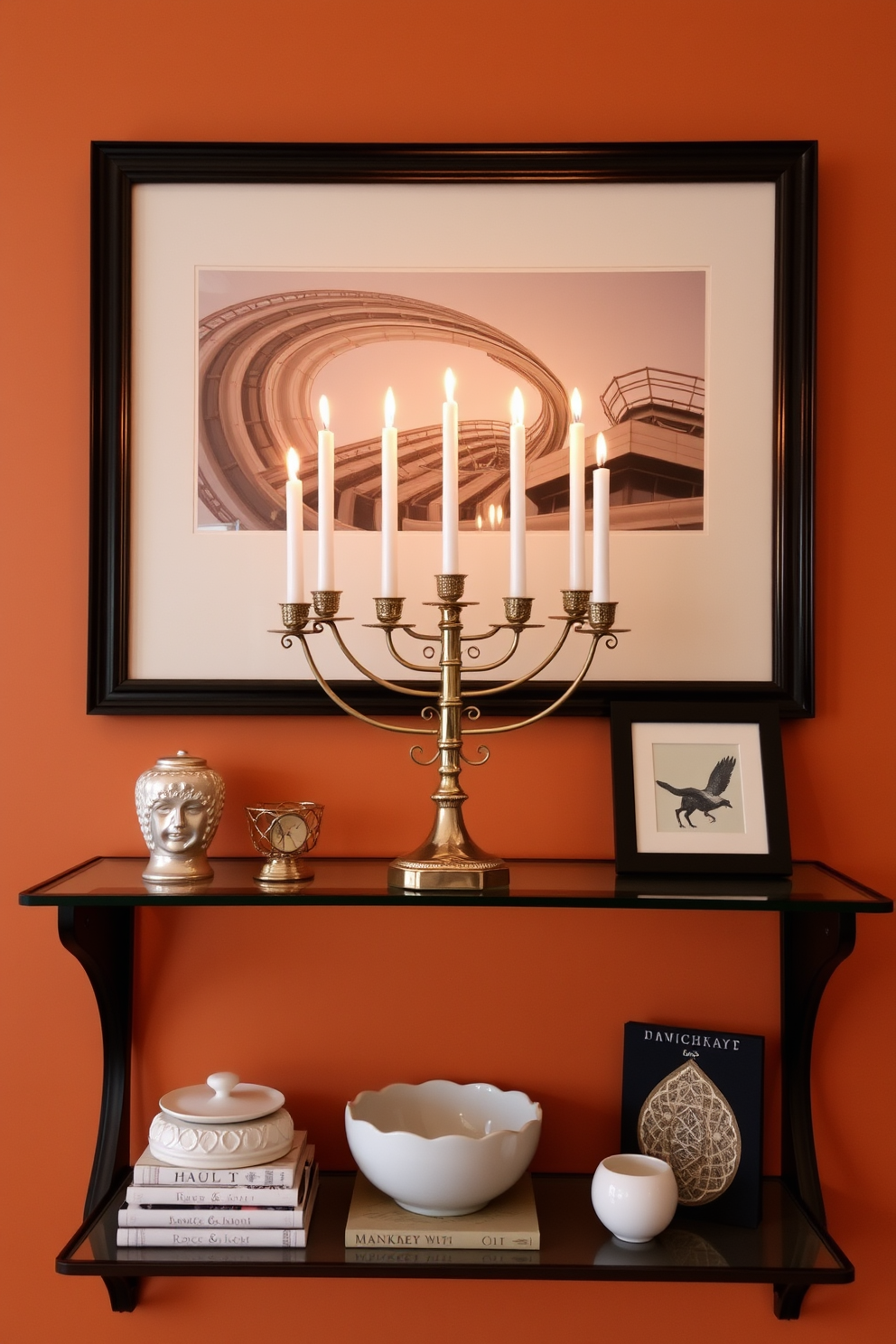 A vintage menorah is elegantly placed on a stylish shelf adorned with decorative items. The shelf is set against a warm, inviting backdrop, creating a cozy atmosphere perfect for Hanukkah celebrations.