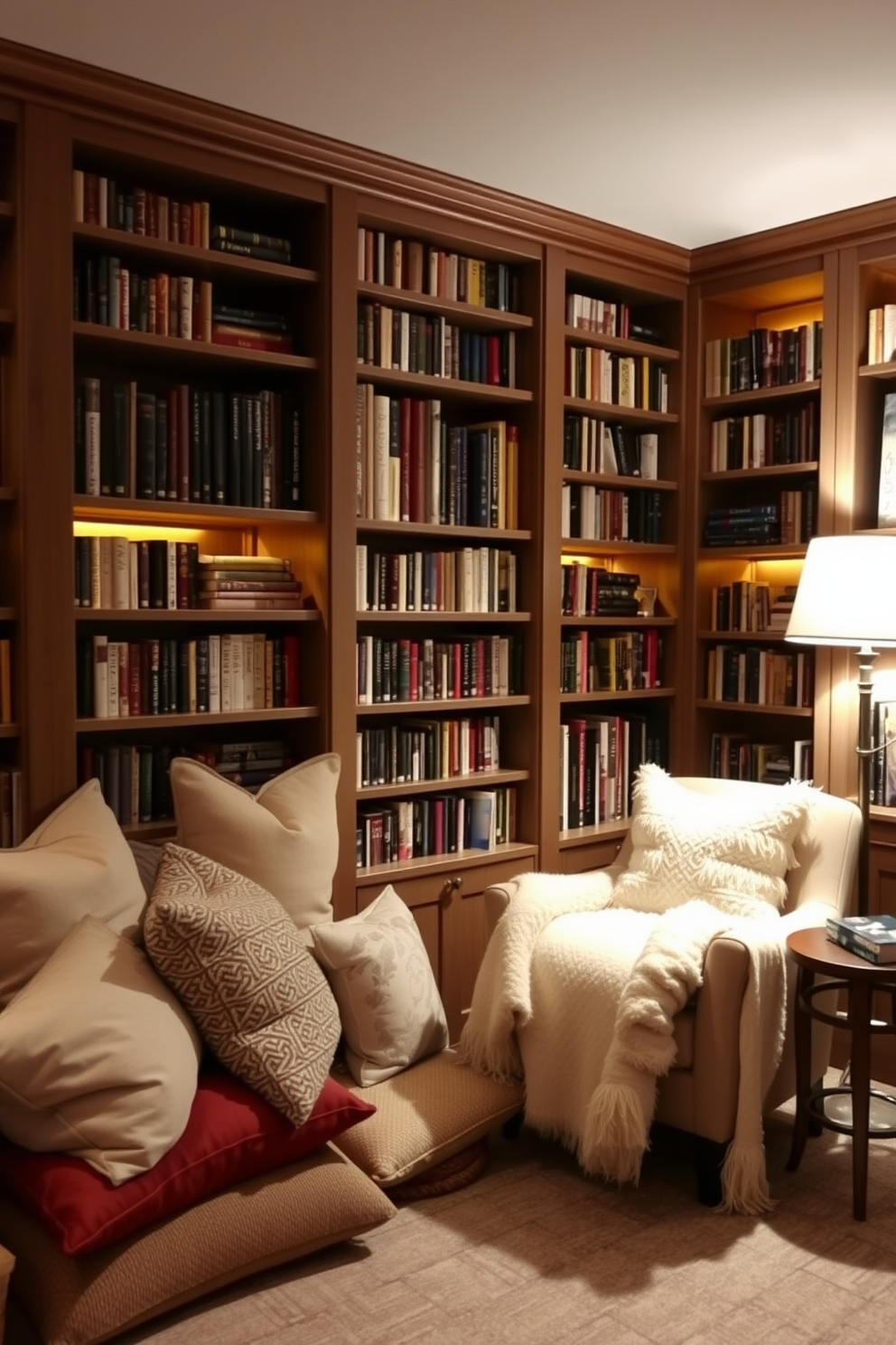 A cozy reading nook filled with plush cushions and a soft throw blanket invites relaxation. The warm ambient lighting casts a gentle glow, creating a perfect atmosphere for enjoying books. The basement home library features built-in bookshelves that reach the ceiling, showcasing a curated collection of literature. A comfortable armchair is positioned near a small side table, offering a quiet corner for reading and reflection.