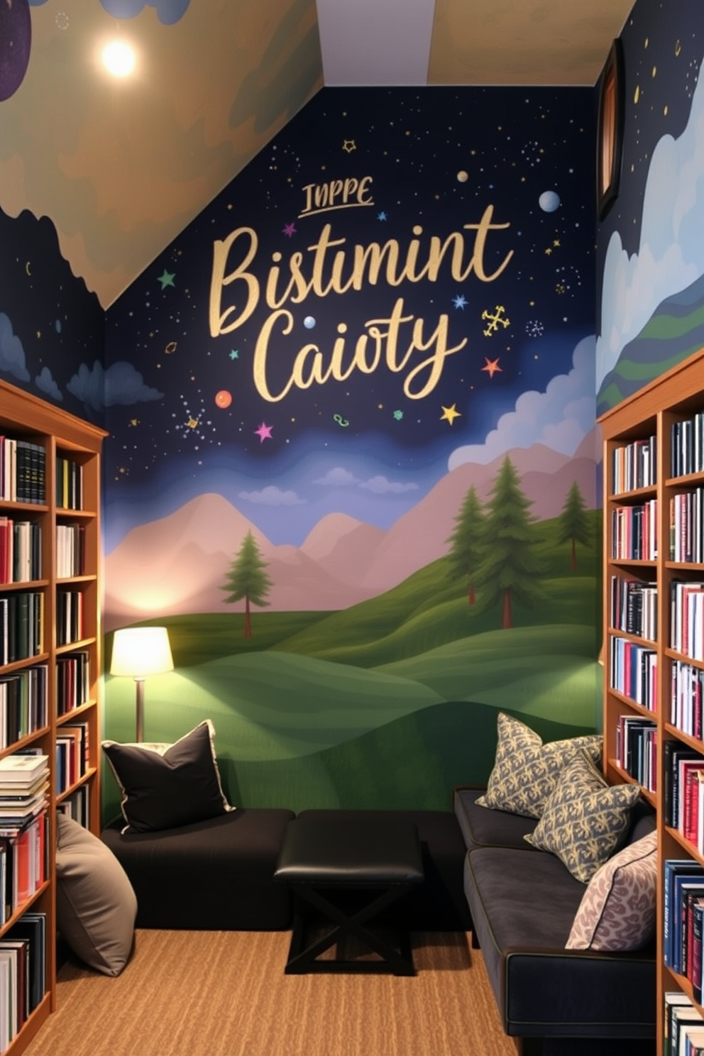 Artistic wall murals that inspire creativity adorn the walls of the basement home library. The space features cozy reading nooks with plush seating, surrounded by shelves filled with books, creating an inviting atmosphere for relaxation and study.