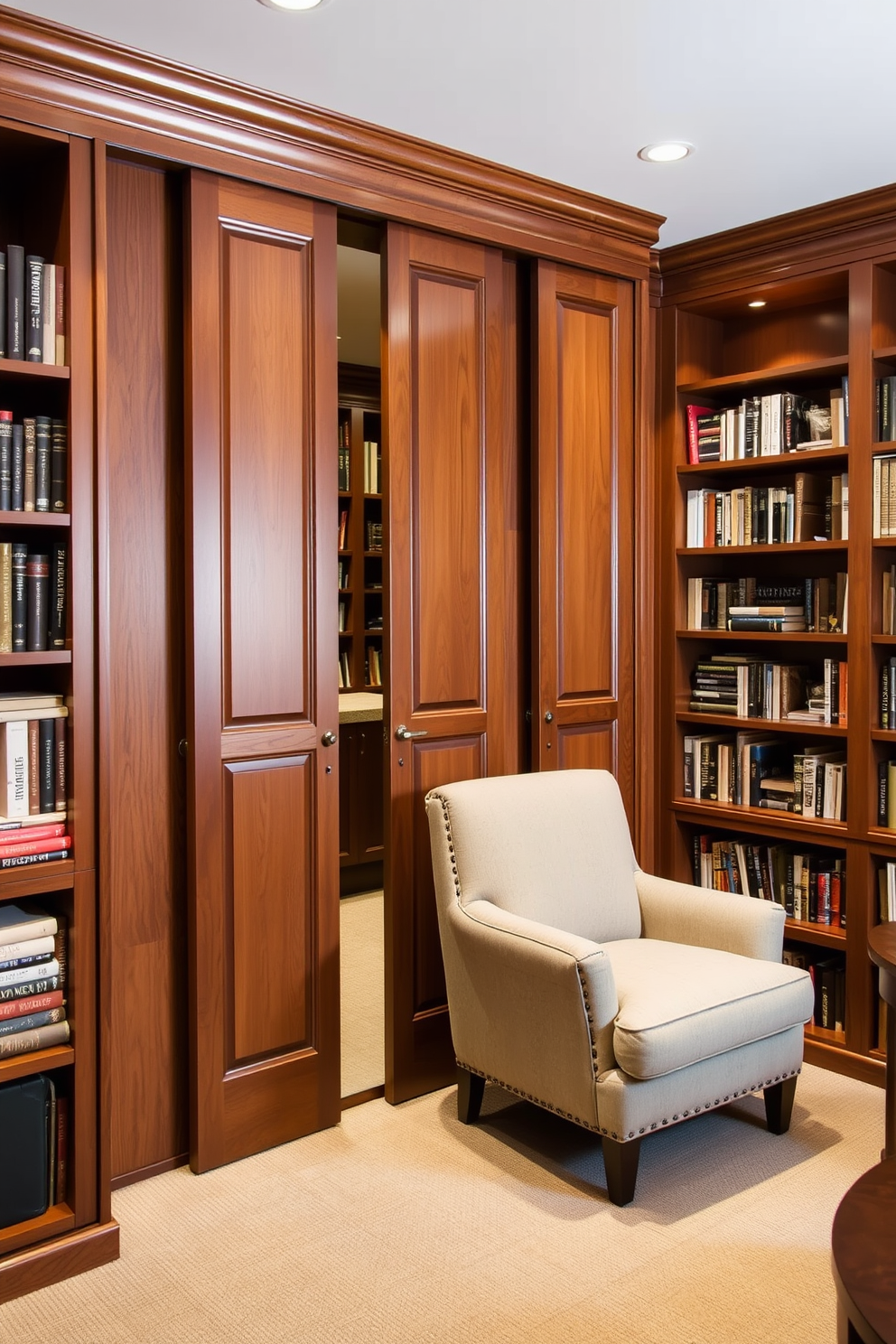 A cozy basement home library features hidden storage behind elegant sliding panels. The room is adorned with rich wooden bookshelves filled with books, and a plush reading nook with a comfortable armchair and soft lighting invites relaxation.