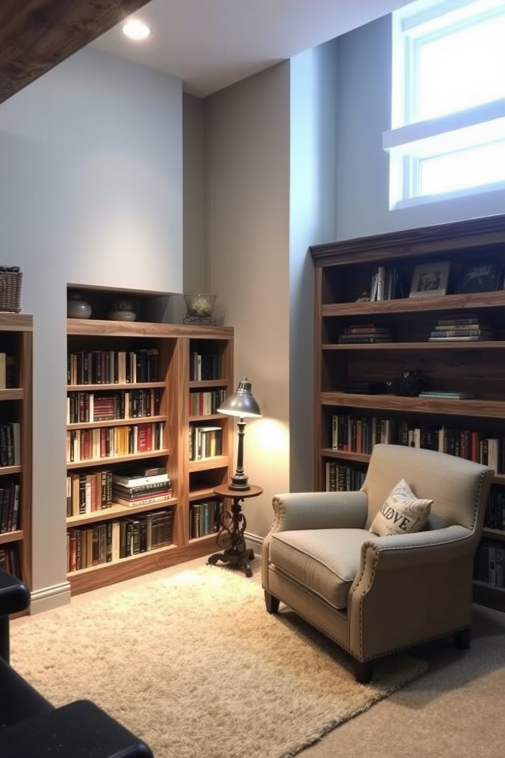 A cozy basement home library featuring reclaimed wood shelves that add rustic charm. A large, inviting armchair sits in the corner, surrounded by warm lighting and a plush area rug.