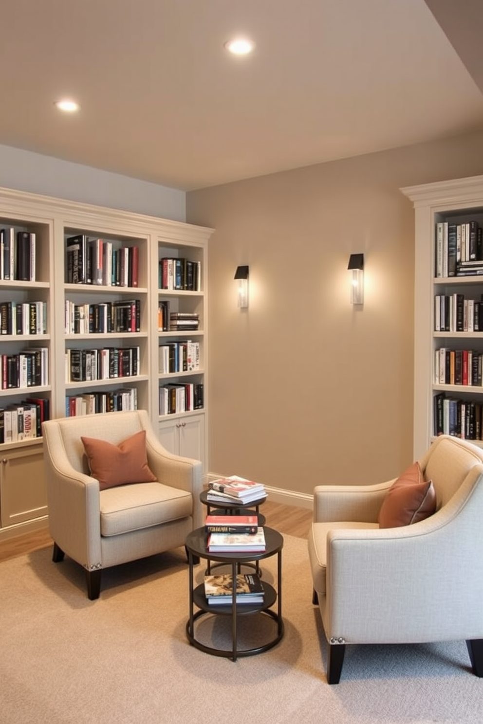 Soft armchairs in a cozy basement home library create an inviting reading nook. Each armchair is paired with a stylish side table, perfect for holding books and beverages. The walls are lined with built-in bookshelves filled with a curated collection of literature. Warm lighting fixtures provide a soft glow, enhancing the serene atmosphere of the space.