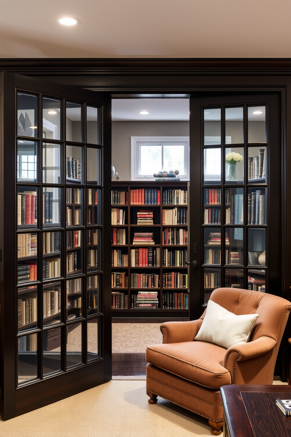 A cozy basement home library featuring elegant glass doors that separate the reading area from the rest of the space. The library is adorned with dark wooden bookshelves filled with an extensive collection of books, and a plush, oversized armchair sits in the corner, inviting you to relax with a good read.