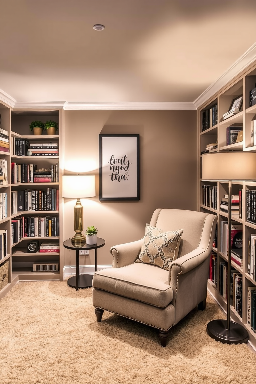 A cozy multi-functional basement space that serves as a home library and reading area. It features a comfortable reading nook with a plush armchair and a small side table, surrounded by shelves filled with books and decorative items. The walls are painted in a warm taupe color, creating an inviting atmosphere. Soft lighting from stylish floor lamps enhances the cozy ambiance while a large area rug adds texture to the floor.