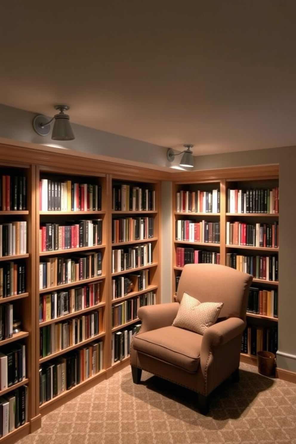 A cozy basement home library features wall-mounted lights strategically placed above the reading area to provide focused illumination. The shelves are lined with an extensive collection of books, and a plush reading chair is positioned nearby, inviting relaxation and literary exploration.