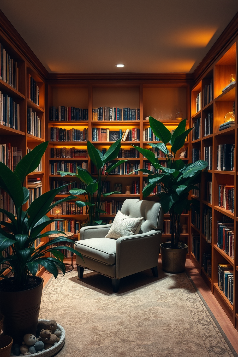 A cozy basement home library with warm wooden shelves filled with books. Soft, ambient lighting creates a welcoming atmosphere, while lush green plants are strategically placed to bring a fresh touch to the space. A comfortable reading nook features a plush armchair and a small side table, inviting relaxation. The walls are painted in a soft beige, and a large rug adds warmth underfoot, complementing the natural elements of the plants.