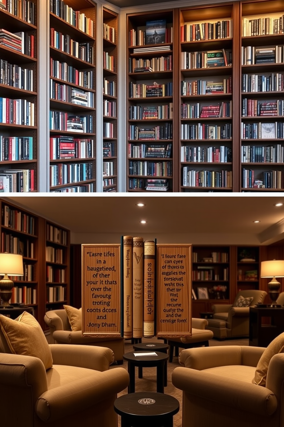 Personalized bookends designed to reflect the owner's interests and personality. The bookends are crafted from high-quality wood with intricate carvings of favorite quotes and symbols. The basement home library features floor-to-ceiling bookshelves filled with a diverse collection of books. Cozy seating areas with plush armchairs and warm lighting create an inviting atmosphere for reading and relaxation.