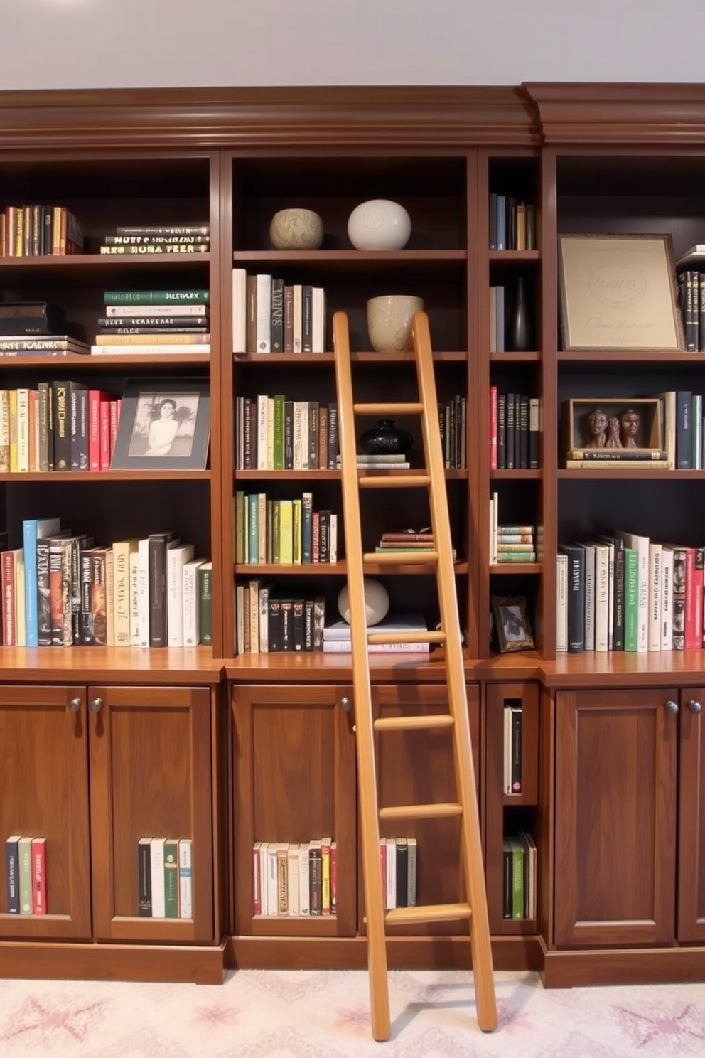 A cozy basement home library features built-in shelves that stretch from floor to ceiling, showcasing a curated collection of books and decorative items. A stylish wooden ladder leans against the shelves, providing easy access to the highest books while adding a charming touch to the space.