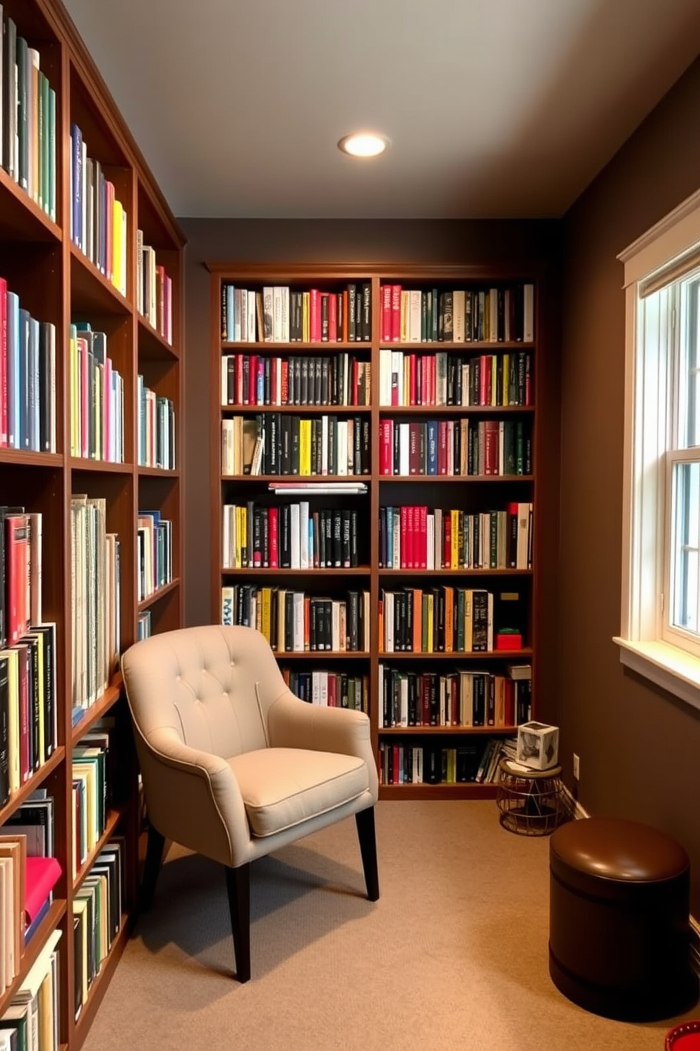 A cozy basement home library filled with colorful book spines arranged on wooden shelves. The walls are painted in a warm taupe, and a plush reading nook with a vibrant armchair is positioned near a window.