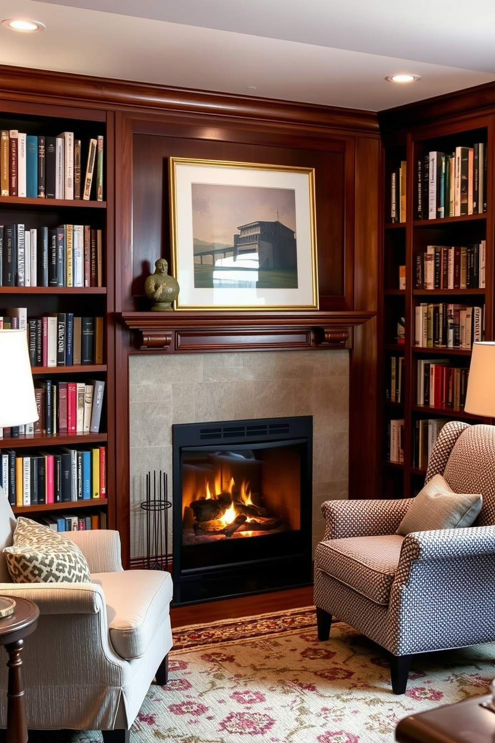 A cozy fireplace nestled in the corner of a basement home library creates a welcoming atmosphere. Surrounding the fireplace are built-in bookshelves filled with an array of books, while a plush reading chair invites you to unwind with a good novel. Soft lighting from table lamps enhances the inviting feel, casting a warm glow over the space. Rich wooden accents and a comfortable area rug add texture and warmth to the library, making it the perfect retreat for relaxation and reading.